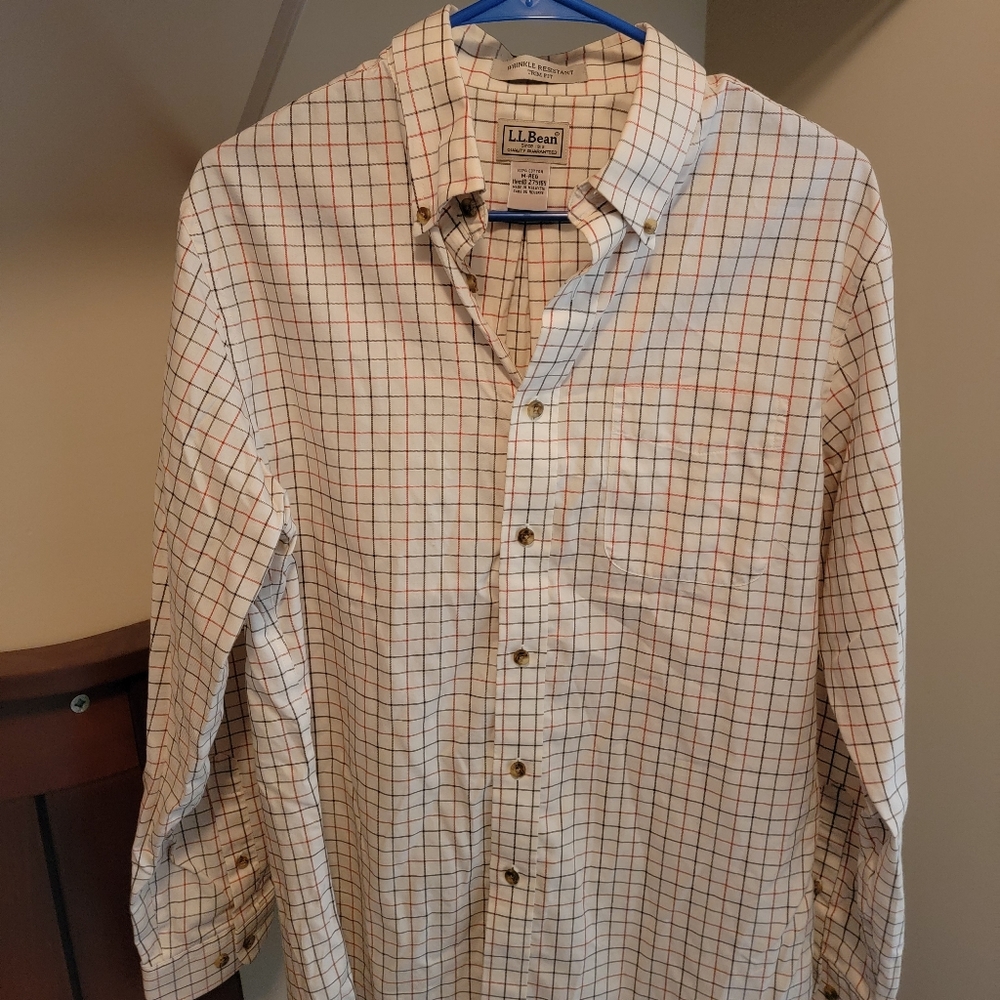 LL Bean Mens Medium Window Plaid Wrinkle Resistant Button Down Shirt